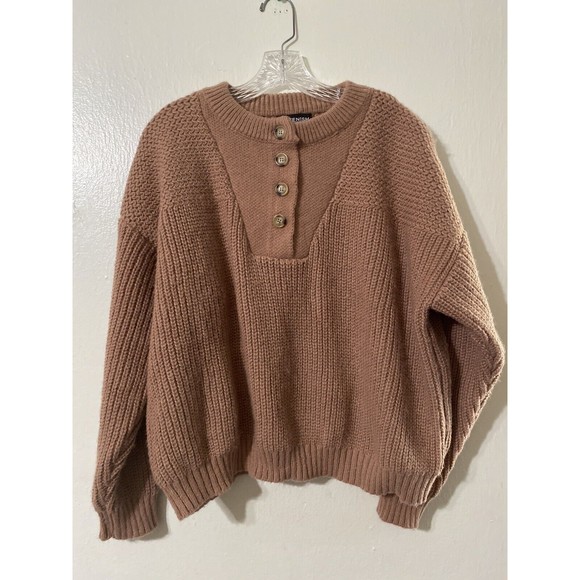 Kittenish Boho Tight Knit Sweatshirt Womens Medium Beige Pullover 1/4 Button - Picture 1 of 9